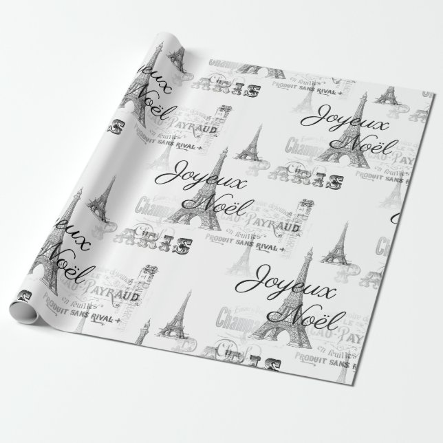 Paris Joyeux Noel Christmas B&W Wrapping Paper (Unrolled)