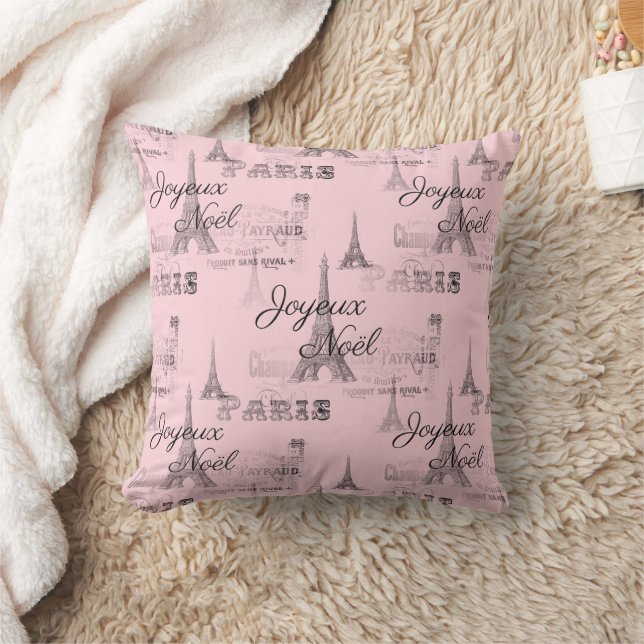 Paris Joyeux Noel Christmas Pink Throw Pillow (Blanket)