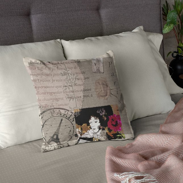 Paris Lady with Hat Pink Flower Collage Cushion (Creator Uploaded)