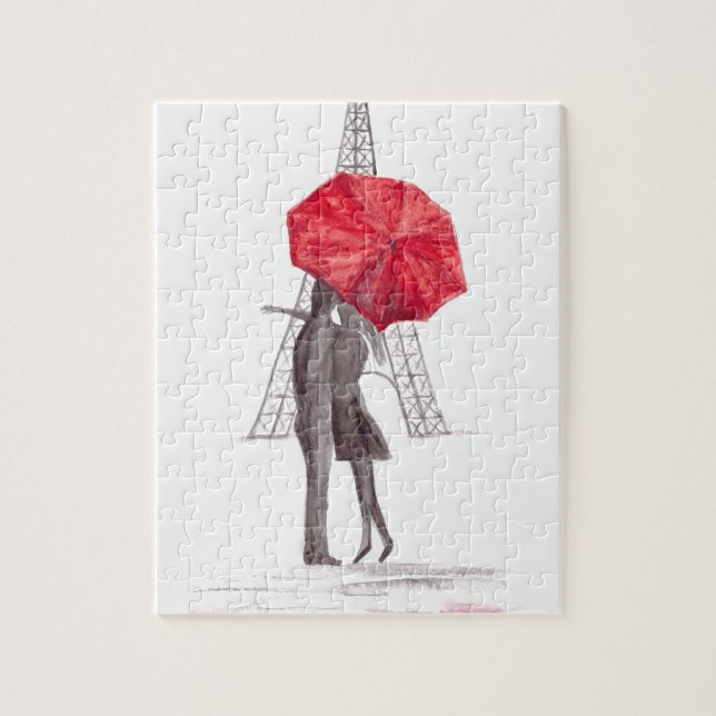 Paris love couple with red umbrella wedding  jigsaw puzzle (Vertical)