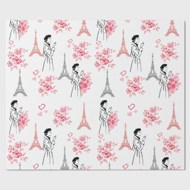 Paris Love Pattern – Eiffel Tower & Roses Seamless Wrapping Paper (Flat)