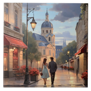 Paris Love: Romantic Couple Evening Stroll France Tile
