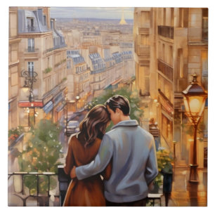 Paris Love: Romantic Couple French City View Tile