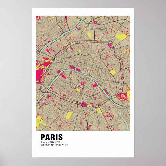 Paris Map Poster - France Stylish Colourful Map (Front)