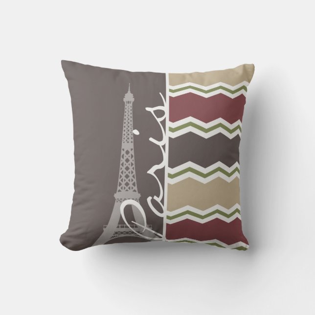Paris; Maroon, Brown, Tan, & Green Chevron Cushion (Front)