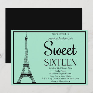 Paris Mint Green Black Eiffel Tower Sweet Sixteen Invitation