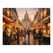 Paris Montmartre Art Market at Dusk Poster