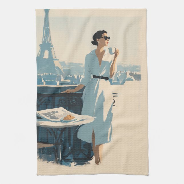 Paris Morning Coffee Elegance Tea Towel (Vertical)