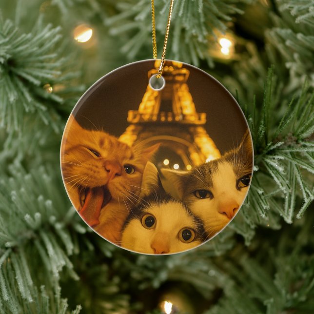    Paris Night Cat Selfie Squad Lover              Ceramic Tree Decoration (Tree)