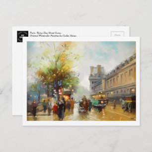 Paris on a Rainy Day Watercolor Painting Postcards