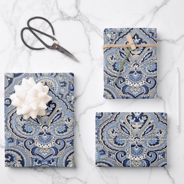 Paris Paisley Indigo Wrapping Paper Sheet (Front)
