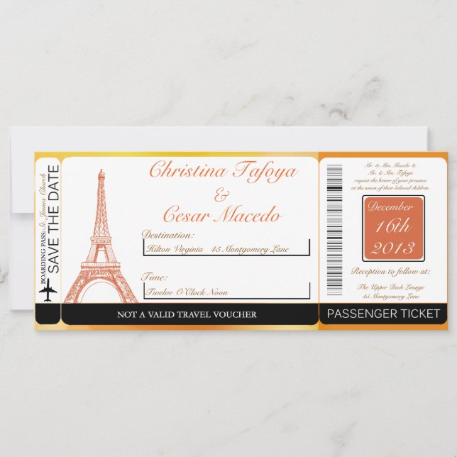 Paris Peach Boarding Pass Wedding Invitation (Front)