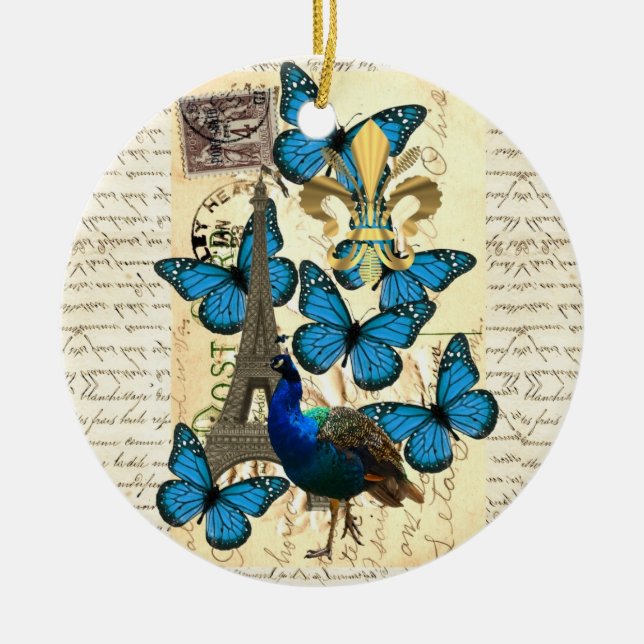 Paris, peacock and butterflies ceramic tree decoration (Front)