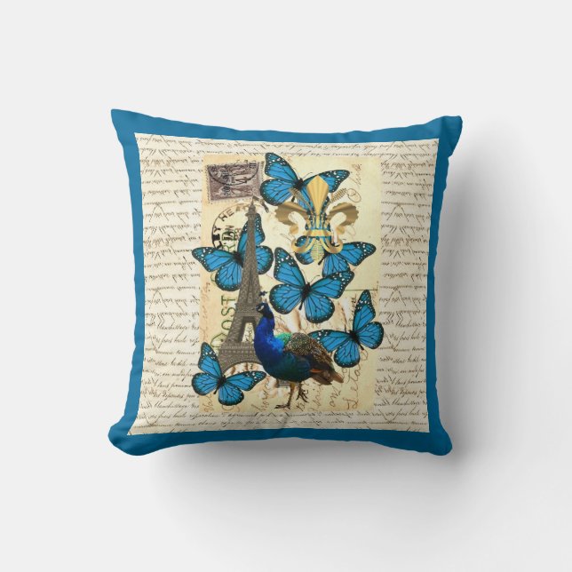 Paris, peacock and butterflies cushion (Front)