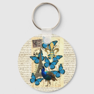 Paris, peacock and butterflies key ring