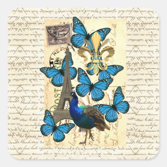 Paris, peacock and butterflies square sticker (Front)