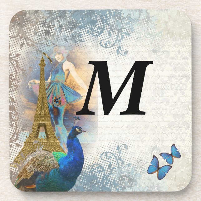 Paris peacock collage coaster (Front)