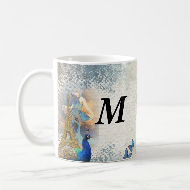 Paris peacock collage coffee mug (Left)