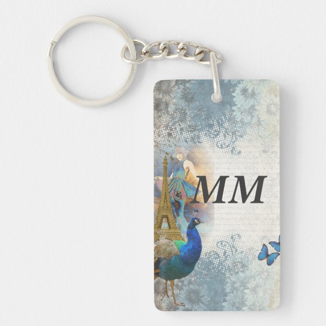 Paris peacock collage key ring (Front)