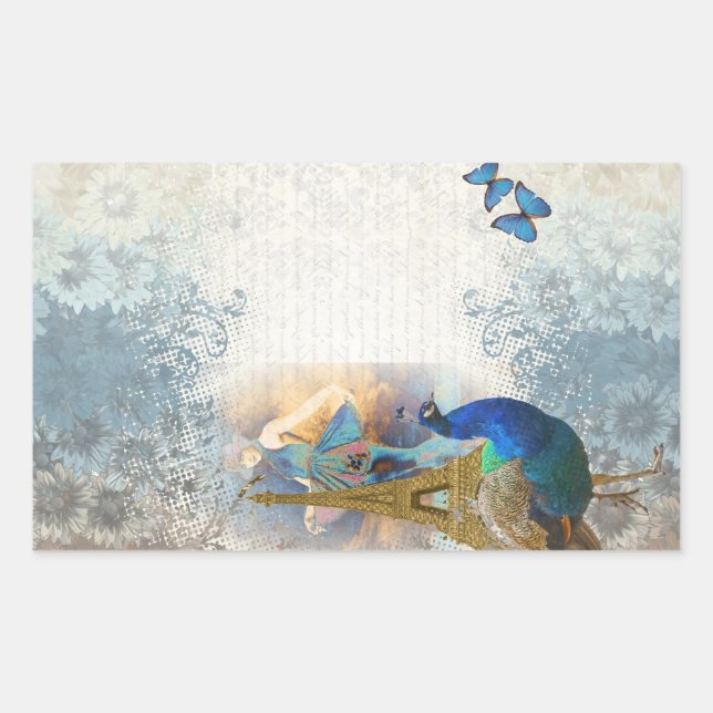 Paris peacock collage rectangular sticker (Front)