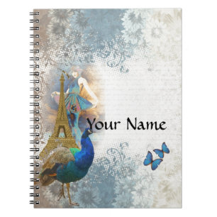 Paris peacock collage spiral notebook