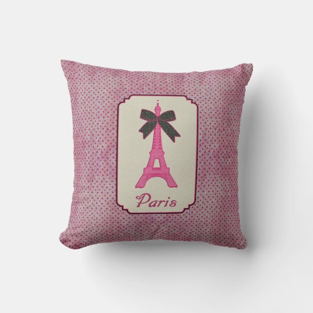 Paris Pink and Black Polka Dot Eiffel Tower & Bow Cushion (Front)