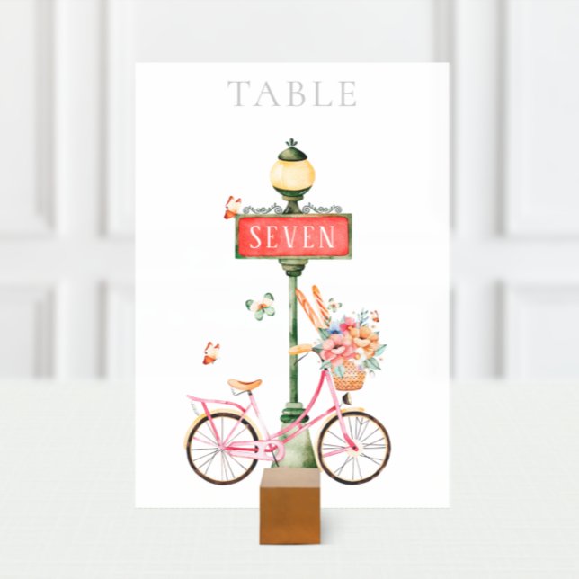 Paris Pink Bicycle Watercolor  Table Number (Creator Uploaded)