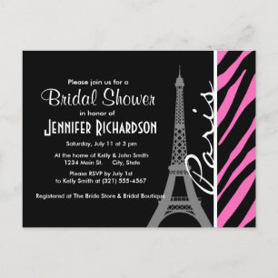 Paris; Pink & Black Zebra Print Invitation Postcard