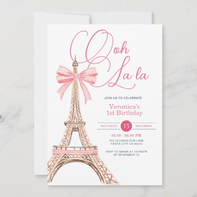 Paris Pink Bow Birthday Party Invitation (Front)
