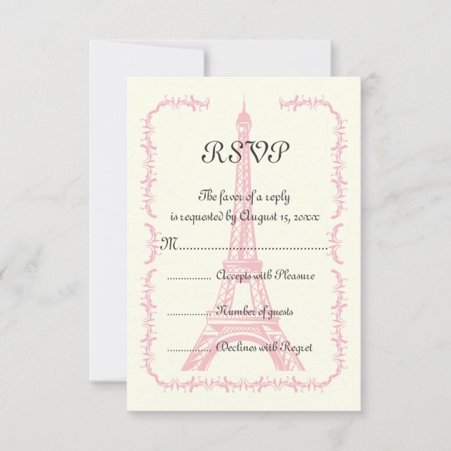 Paris pink Eiffel Tower destination wedding RSVP (Front)