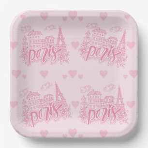 Paris Pink Paper Plates, Eiffel Tower Party Plates