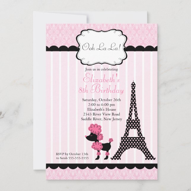 Paris Pink Poodle Birthday Party Invitations (Front)