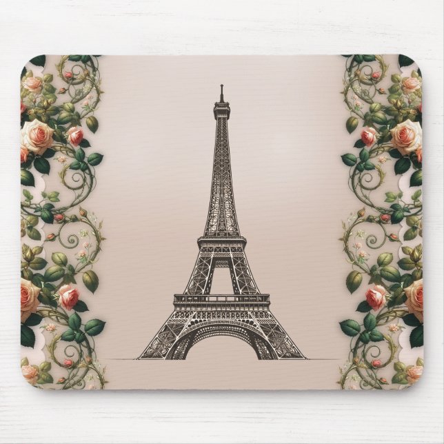 Paris Pink Rose Vines Eiffel Tower Shabby Chic Mouse Pad (Front)