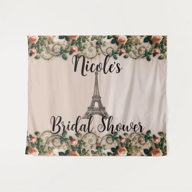 Paris Pink Rose Vines Eiffel Tower Shabby Chic Tapestry (Front (Horizontal))