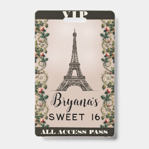 Paris Pink Rose Vines Eiffel Tower VIP Pass ID Badge
