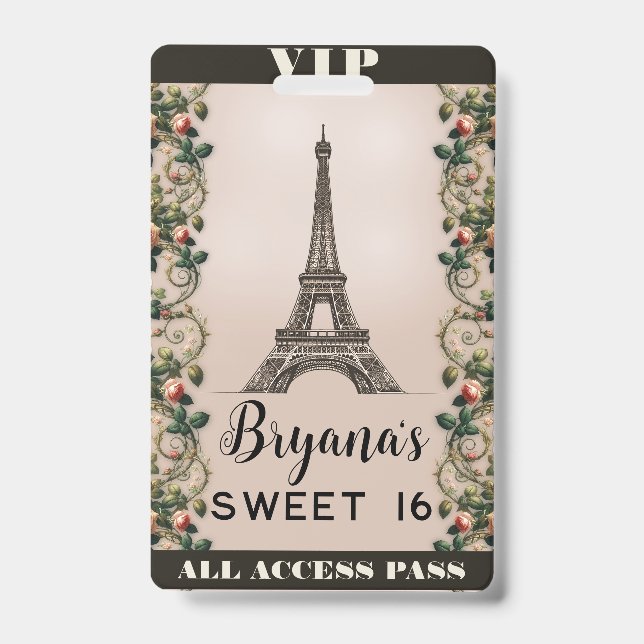Paris Pink Rose Vines Eiffel Tower VIP Pass ID Badge (Front)