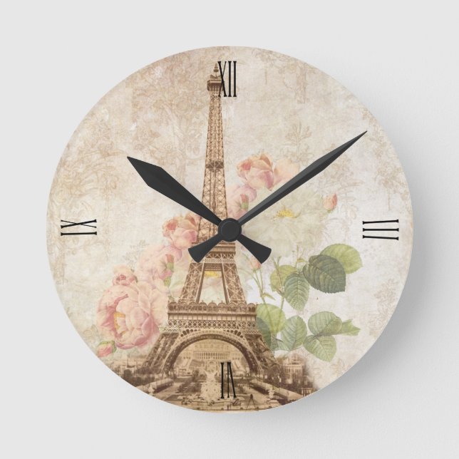 Paris Pink Rose Vintage Romantic Clock (Front)