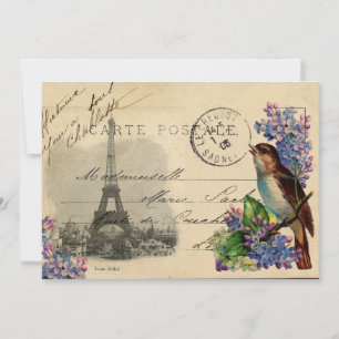 Paris Postcard Bird on Lilacs Invitation