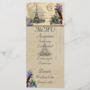 Paris Postcard Bird on Lilacs Menu Card