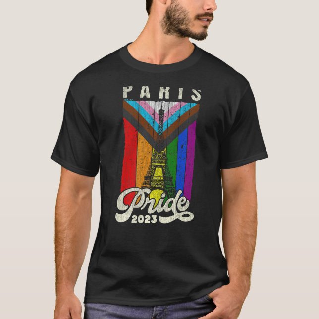 Paris Pride 2023 Eiffel Tower Progress Pride Flag T-Shirt (Front)