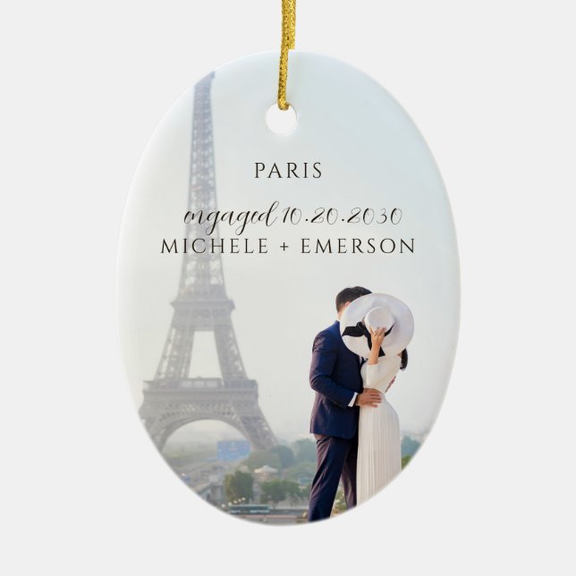 Paris Proposal Engagement Photo keepsake Ceramic Tree Decoration (Front)