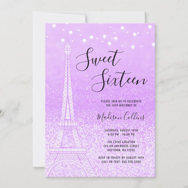 Paris Purple Glitter Lights Sweet 16 Invitation (Front)