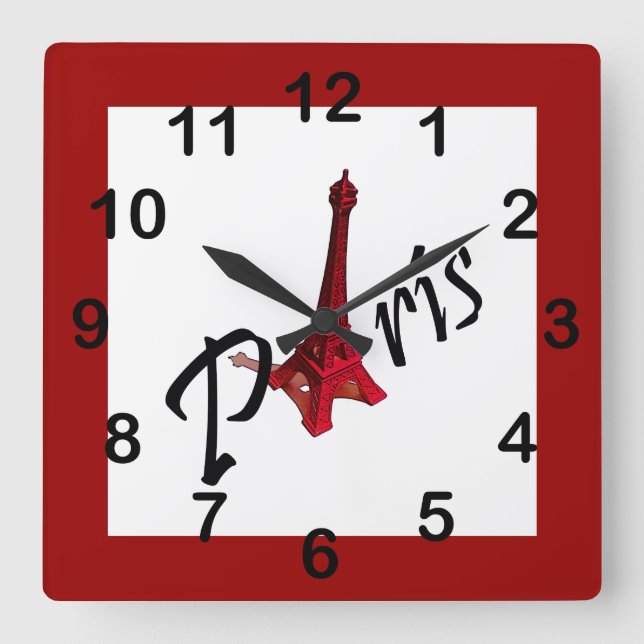 Paris, red Eiffel tower Square Wall Clock (Front)
