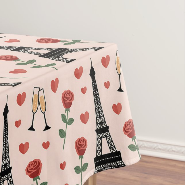 Paris Romance Eiffel Tower Roses & Hearts Pattern Tablecloth (In Situ)