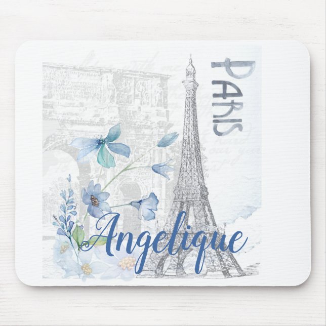 Paris Scene and Blue Flowers Custom Mouse Pad (Front)