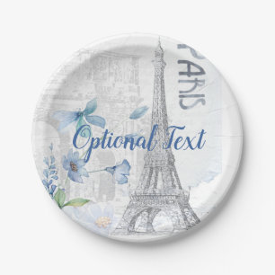 Paris Scene and Blue Flowers Custom Paper Plate
