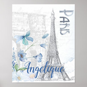 Paris Scene and Blue Flowers Custom  Poster