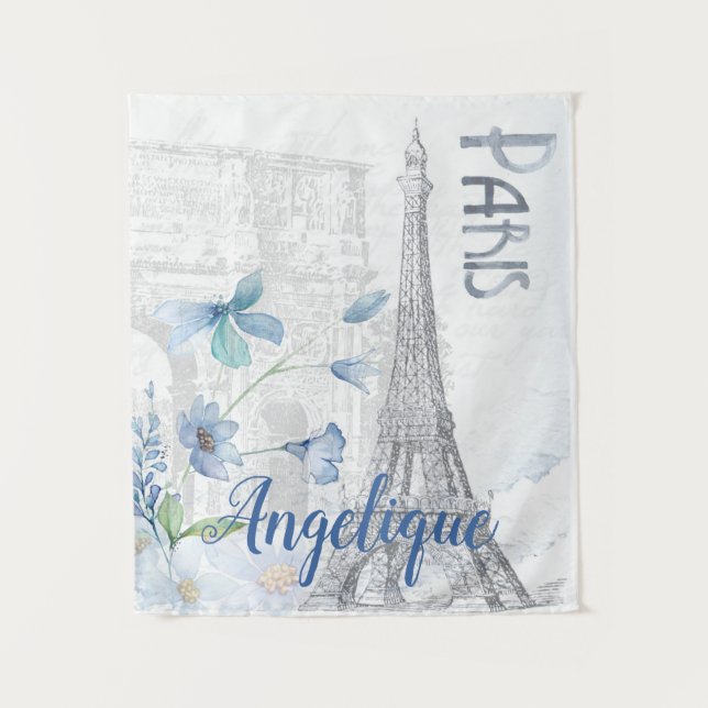 Paris Scene and Blue Flowers Custom Tapestry (Front)