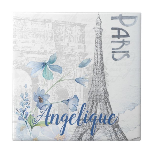 Paris Scene and Blue Flowers Custom Tile (Front)