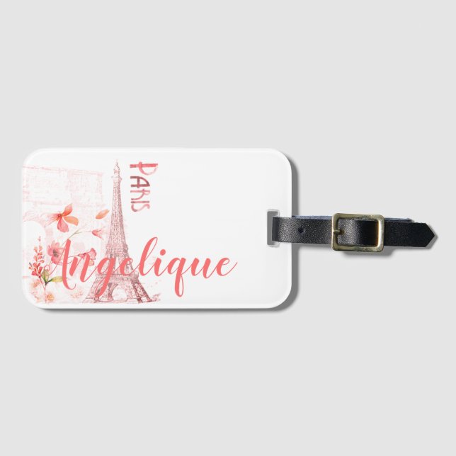 Paris Scene and Pink Flowers Custom Luggage Tag (Front Horizontal)